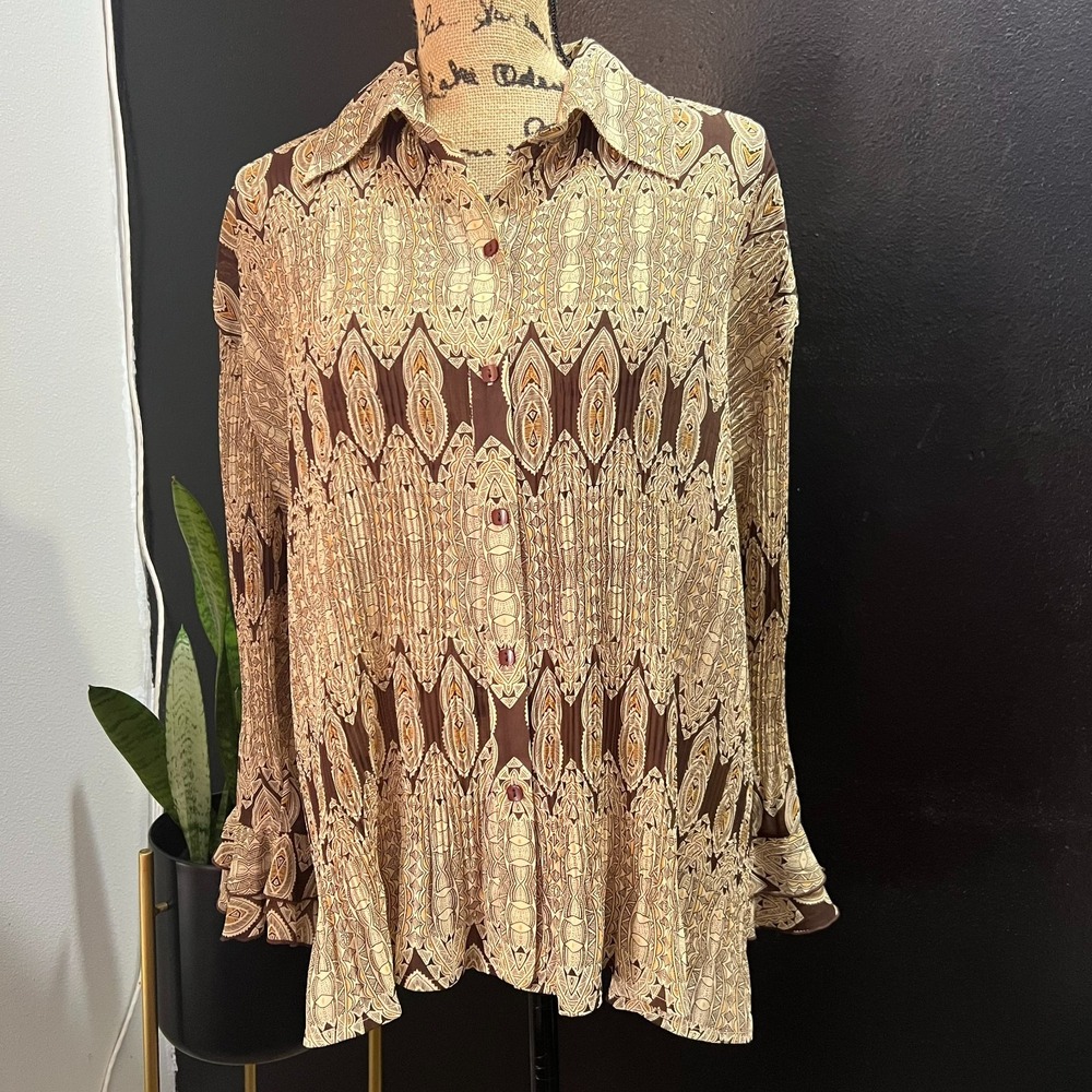 Vintage Cato XL Paisley Print Ruffle Hem‎ Aztec Boho Peasant Long Sleeve Blouse